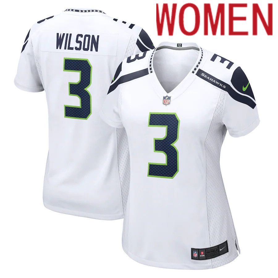 Women Seattle Seahawks #3 Russell Wilson Nike White Away Game NFL Jersey->women nfl jersey->Women Jersey